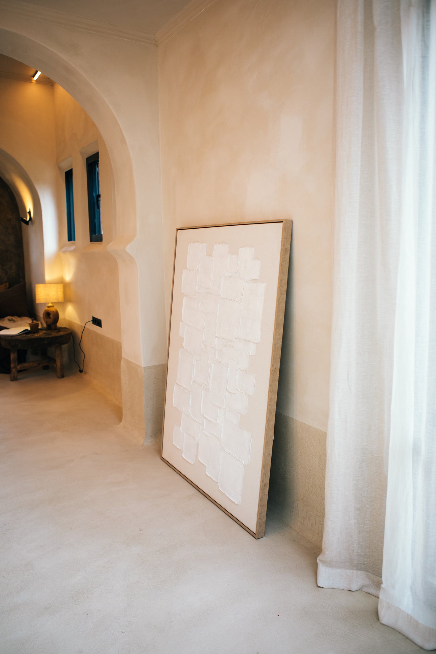 Beige/witte canvas muurdecoratie LEO